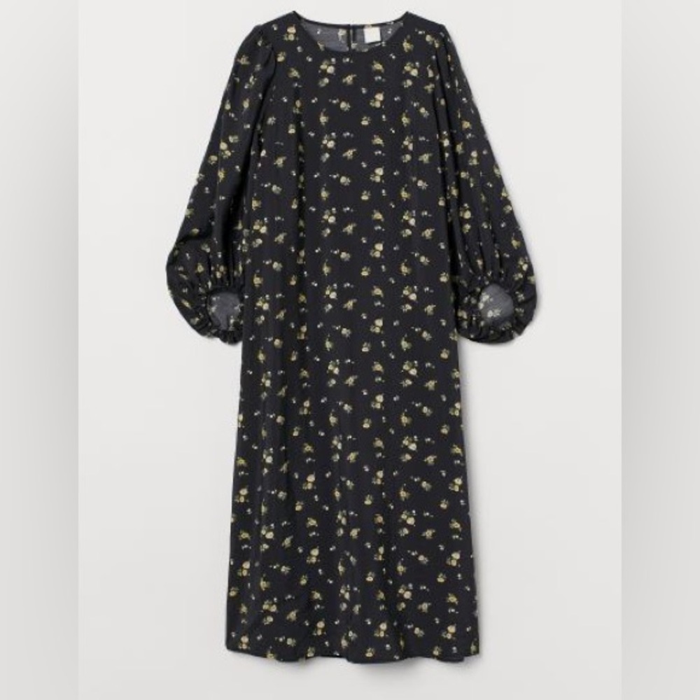 H&M Black Floral Midi Dress With Elegant Sleeves